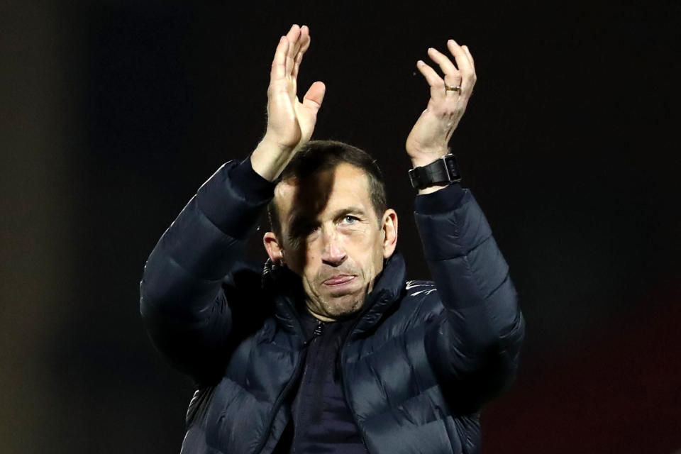 LONDON, ENGLAND - MARCH 26: Justin Edinburgh, Manager of Leyton Orient acknowledges the crowd following his side's victory in the Vanarama National League match between Leyton Orient and AFC Flyde at Brisbane Road on March 26, 2019 in London, England. (Photo by Linnea Rheborg/Getty Images)