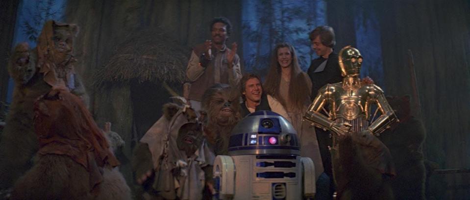 The good guys celebrate after defeating the Empire at the end of "Return of the Jedi."