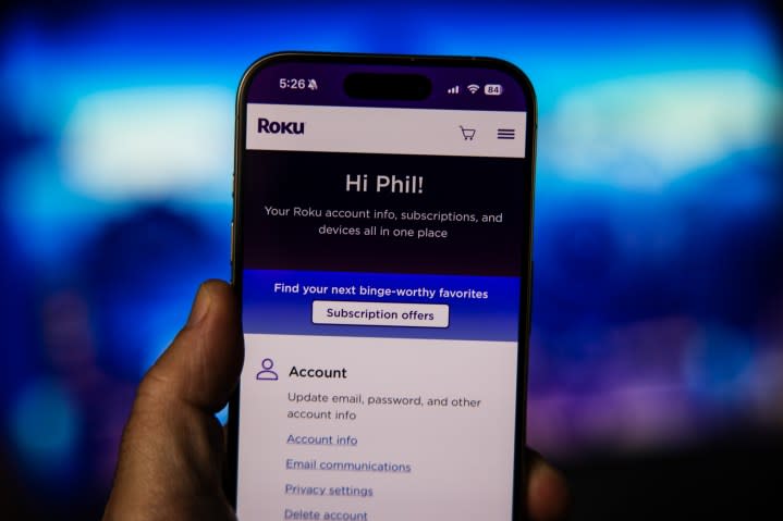 The account section of the Roku website, as seen on a phone.