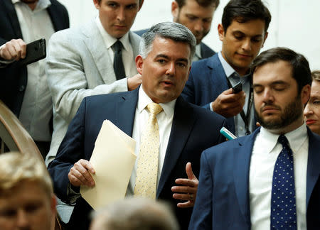 Senator Cory Gardner (R-CO) arrives for a closed senators-only Capitol Hill briefing on election security at the U.S. Capitol in Washington, U.S., August 22, 2018. REUTERS/Joshua Roberts