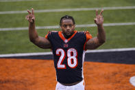 Cincinnati Bengals running back Joe Mixon (28) waves to fans as he leaves the field following a 33-25 win over the Jacksonville Jaguars in an NFL football game in Cincinnati, Sunday, Oct. 4, 2020. (AP Photo/Bryan Woolston)