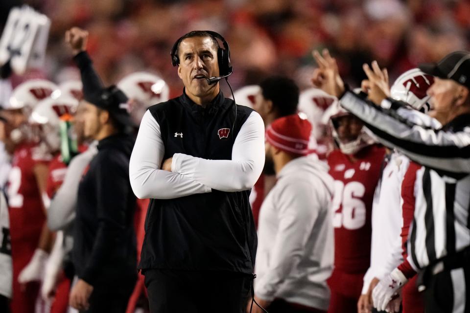 Oct 28, 2023; Madison, Wisconsin, USA; Wisconsin Badgers head coach Luke Fickell watches from the sideline during the second half of the NCAA football game against the Ohio State Buckeyes at Camp Randall Stadium. Ohio State won 24-10.