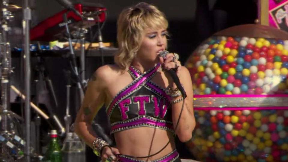 Miley Cyrus performs before the Super Bowl