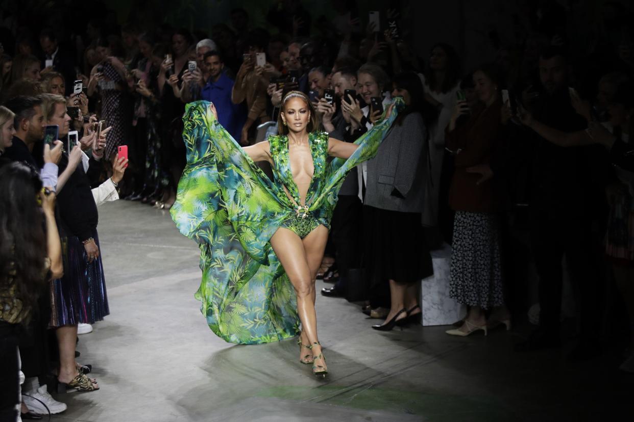 Jennifer Lopez makes her way down the runway of the Versace spring/summer 2020 show in Milan, Italy on Sept. 20, 2019.