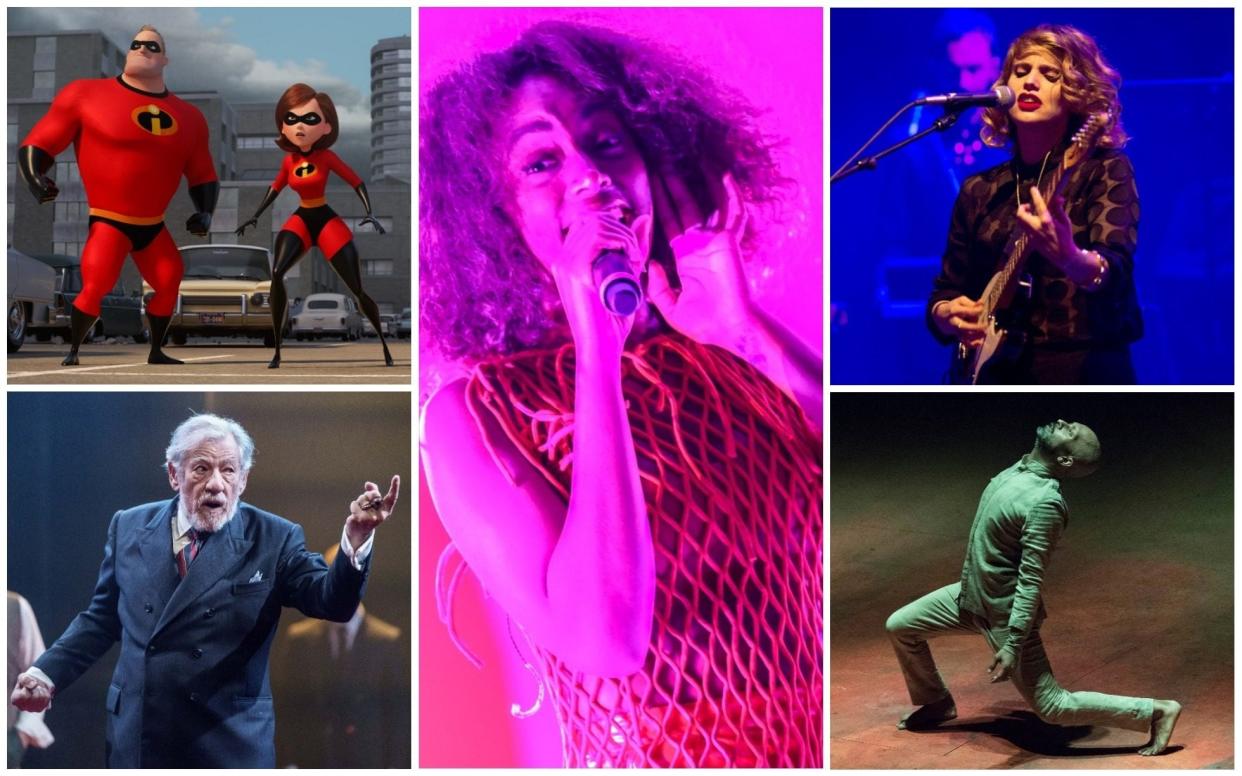 Clockwise from centre: Solange, Anna Calvi, Akram Khan, Ian McKellen in King Lear, The Incredibles 2 - PA/Getty