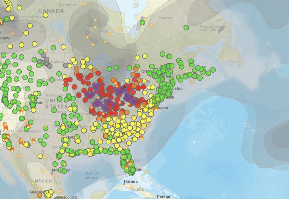 Air quality conditions in the US as of Wednesday, 28 July. Purple indicates “very unhealthy