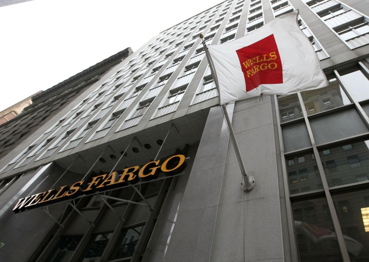 Wells fargo flag at a wells fargo building