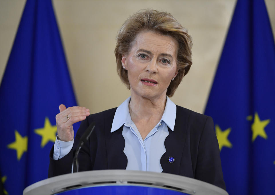 President of the European Commission Ursula von der Leyen addresses a joint press conference with German Chancellor Angela Merkel, attending by video conference, on the start of the six month German Presidency of the EU at EU Headquarters in Brussels, Thursday, July 2, 2020. (John Thys, Pool Photo via AP)