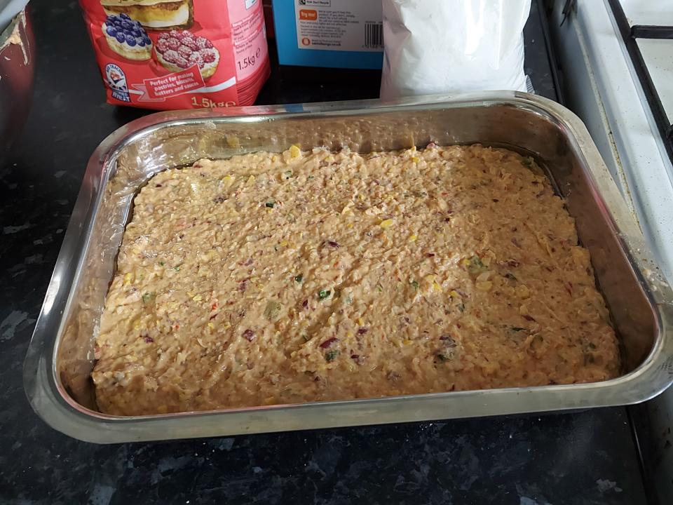 Meatless meatloaf mixture in a roasting tray.