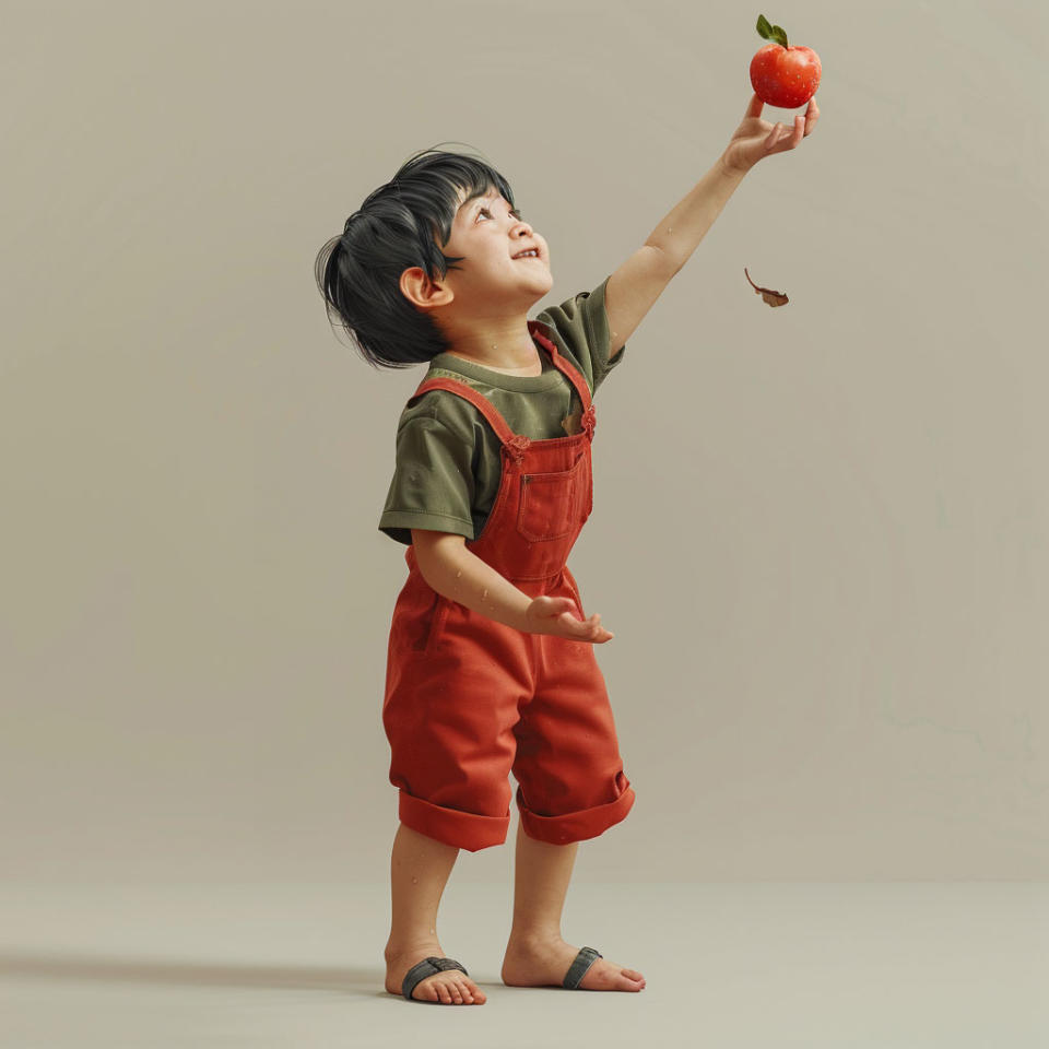 Child reaching up to an apple, smiling, possibly illustrating a scene from a children's book