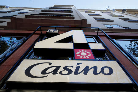 FILE PHOTO: The logo "Le 4 Casino" is seen outside a high-tech store of supermarket retailer Casino in Paris, France, October 4, 2018. REUTERS/Philippe Wojazer