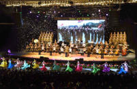 Artists of the Moranbong Band, the State Merited Chorus and the Wangjaesan Art Troupe, perform in Wonsan City of Kangwon Province, North Korea in this undated photo released by North Korea's Korean Central News Agency (KCNA) on September 14, 2017. KCNA/via REUTERS