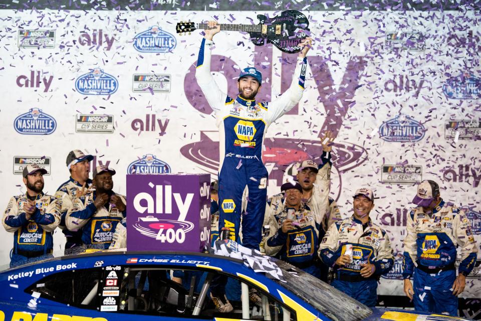 Chase Elliott celebrates after winning the 2022 Ally 400 at Nashville Superspeedway.