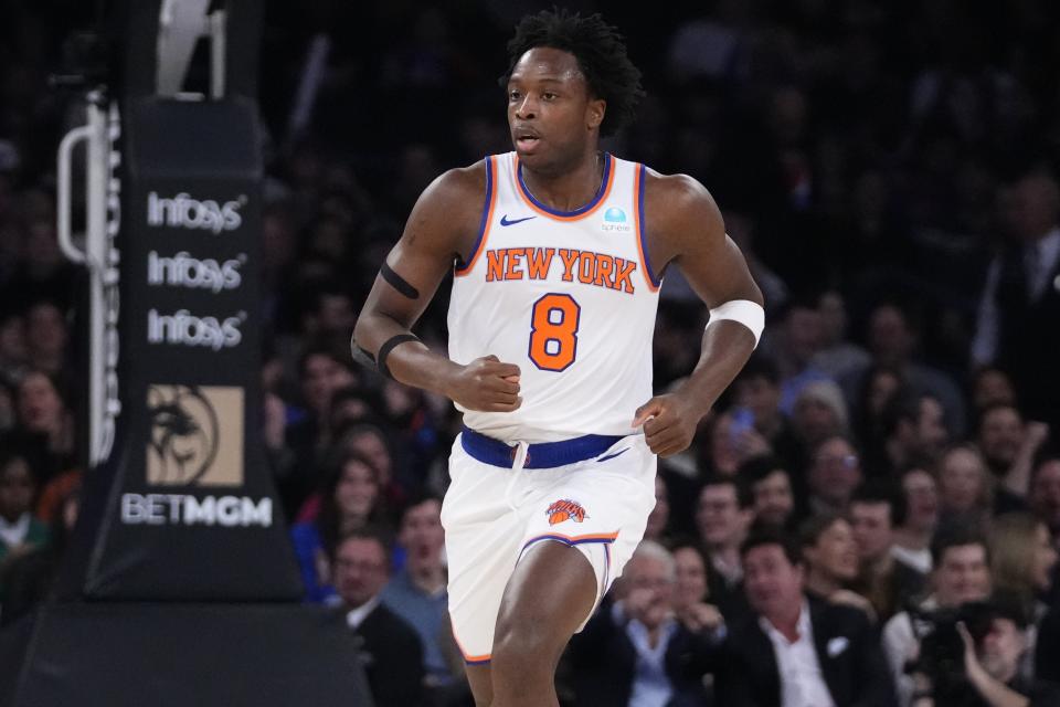 New York Knicks' OG Anunoby (8) during the first half of an NBA basketball game against the Portland Trail Blazers, Tuesday, Jan. 9, 2024, in New York. (AP Photo/Frank Franklin II)