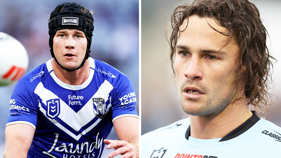 Bulldogs No.6 Matt Burton (pictured left) has entered the race for the Blues five-eighth jersey, despite Nicho Hynes (pictured right) the favourite so far in the eyes of many fans. (Getty Images)