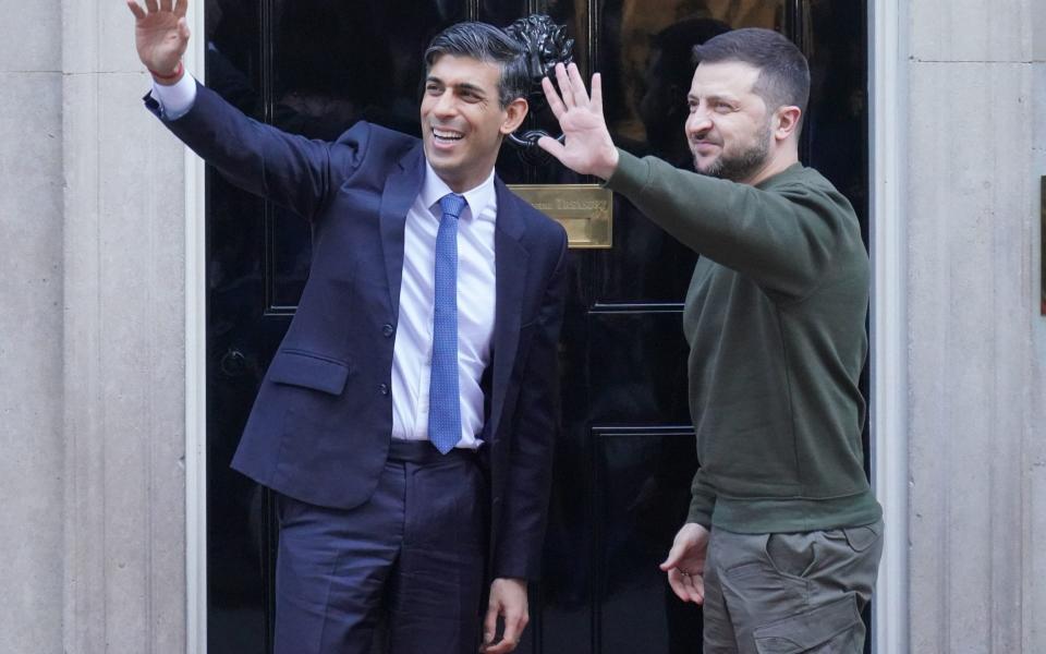 Ukrainian President Volodymyr Zelensky outside 10 Downing Street, London, ahead of a bilateral meeting with Prime Minister Rishi Sunak - Jonathan Brady/PA