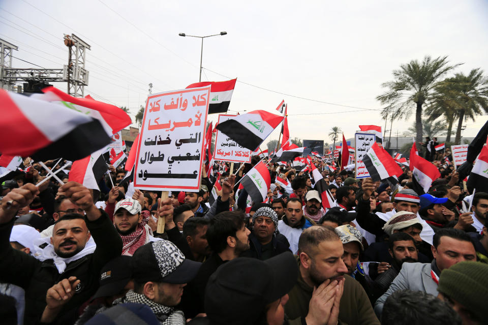 Followers of Shiite cleric Muqtada al-Sadr gather in Baghdad, Iraq, Friday, Jan. 24, 2020. Thousands of supporters of an influential, radical Shiite cleric gathered Friday in central Baghdad for a rally to demand that American troops leave the country amid heightened anti-US sentiment after a drone strike ordered by Washington earlier this month killed a top Iranian general in the Iraqi capital. (AP Photo)