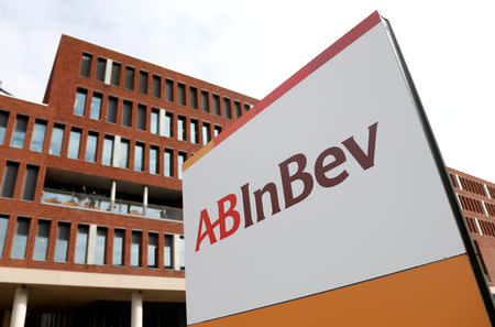 FILE PHOTO: View of the Anheuser-Busch InBev logo outside the brewer's headquarters in Leuven, Belgium March 1, 2018. REUTERS/Francois Lenoir/File Photo