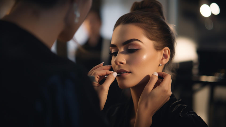 A close-up of a makeup artist carefully applying Makeup Products to an clients face.