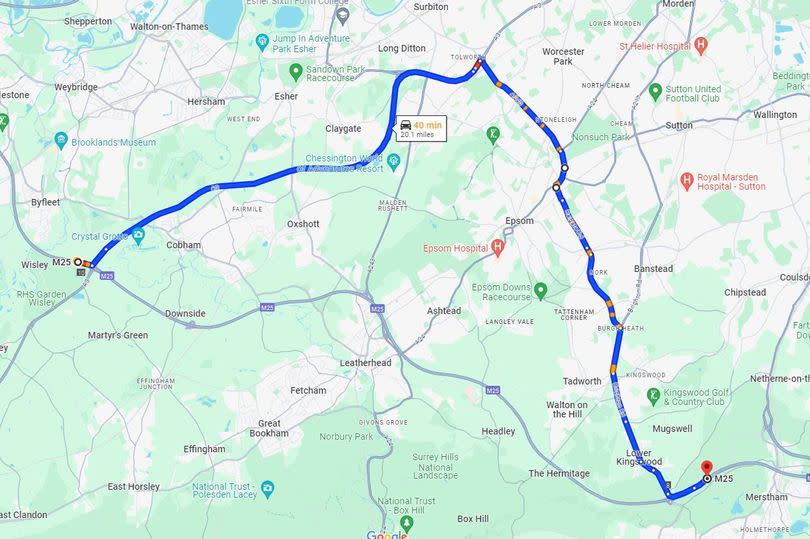 National Highways has confirmed details of a 19-mile diversion route between Wisley and Reigate that drivers should follow during the M25 full weekend closure in May -Credit:Google