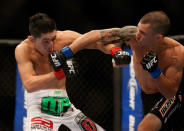 Erik Perez versus Byron Bloodworth during their bantamweight fight at UFC 155 on December 29, 2012 at MGM Grand Garden Arena in Las Vegas, Nevada. (Photo by Donald Miralle/Zuffa LLC/Zuffa LLC via Getty Images)