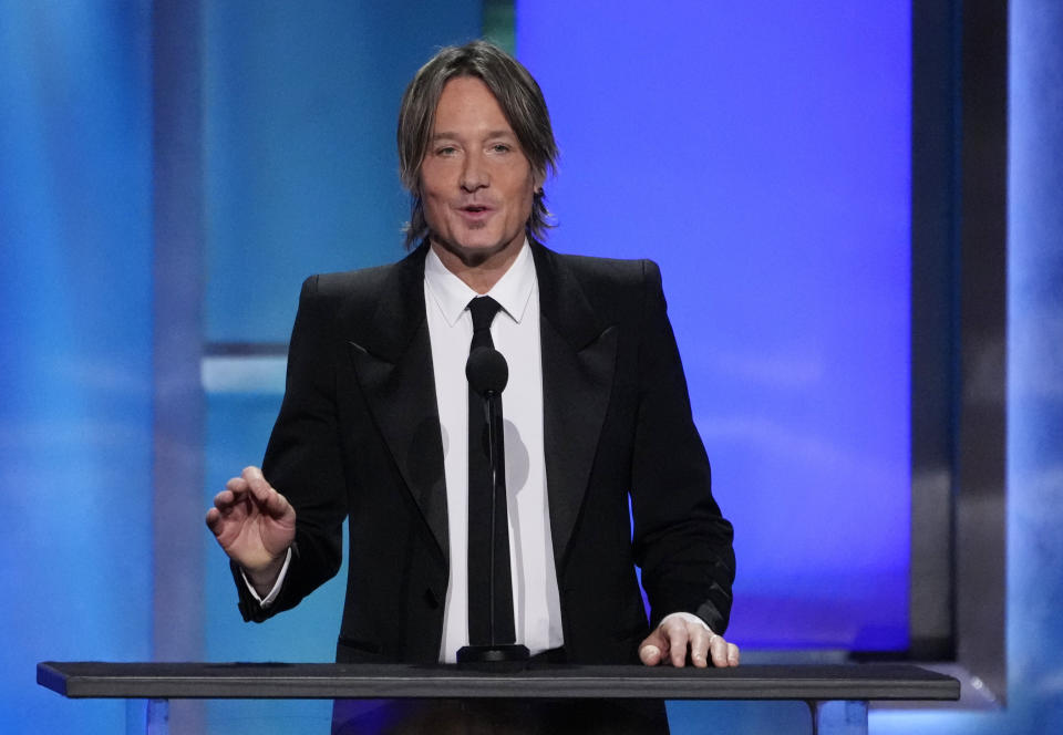 FILE - Keith Urban speaks during the 49th AFI Life Achievement Award tribute to his wife Nicole Kidman, Saturday, April 27, 2024, at the Dolby Theatre in Los Angeles. The tribute will air on TNT on Monday. (AP Photo/Chris Pizzello, File)