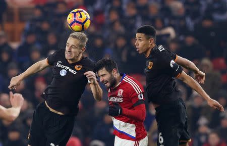 Britain Football Soccer - Middlesbrough v Hull City - Premier League - The Riverside Stadium - 5/12/16 Hull City's Michael Dawson and Curtis Davies in action with Middlesbrough's Antonio Barragan Reuters / Scott Heppell Livepic