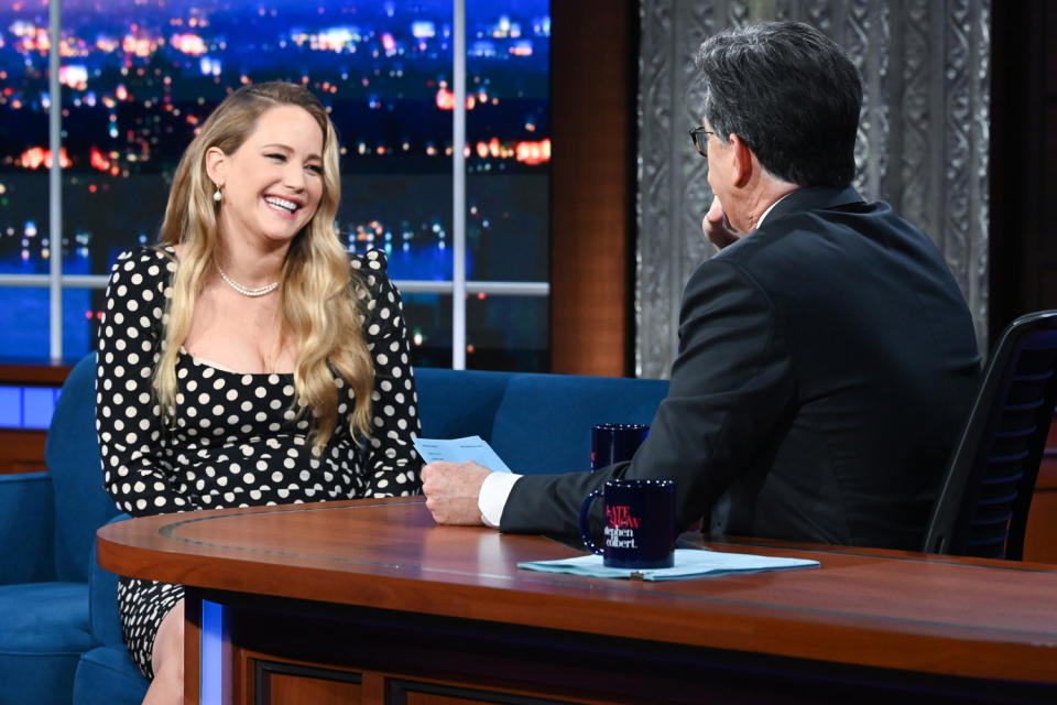 <p>Mom-to-be Jennifer Lawrence sits down with Stephen Colbert to talk <em>Don't Look Up </em>on <em>The Late Show</em> in N.Y.C. on Jan. 4.</p>
