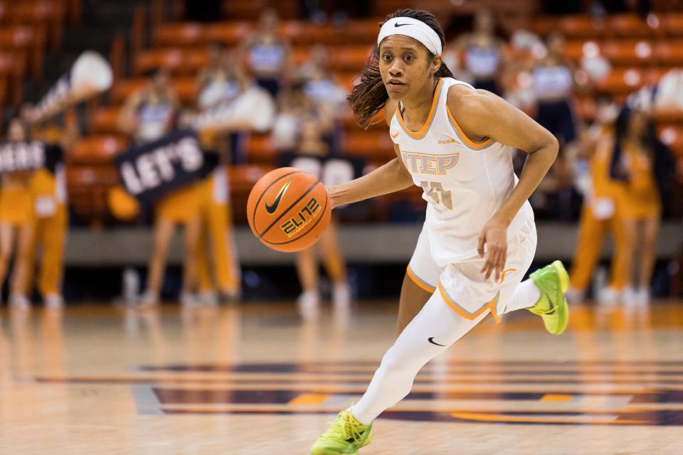 UTEP's N'Yah Boyd (11) dribbles the ball at a women's basketball game against FAU Saturday, Feb. 25, 2023, at the Don Haskins Center in El Paso.