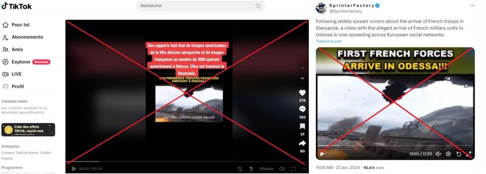 <span>Captures d'écran réalisées le 23 avril 2024 sur TikTok (à gauche) et X (à droite) de comptes diffusant la vidéo affirmant montrer l'arrivée de militaires français à Odessa</span>