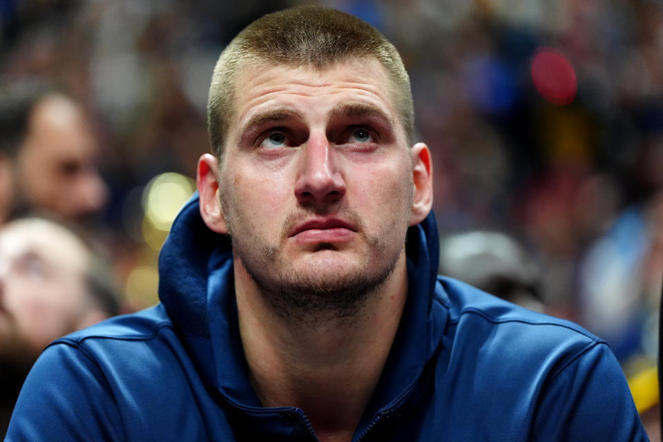 May 4, 2024; Denver, Colorado, USA; Denver Nuggets center Nikola Jokic (15) on the bench in the second half against the Minnesota Timberwolves during game one of the second round for the 2024 NBA playoffs at Ball Arena. Mandatory Credit: Ron Chenoy-USA TODAY Sports