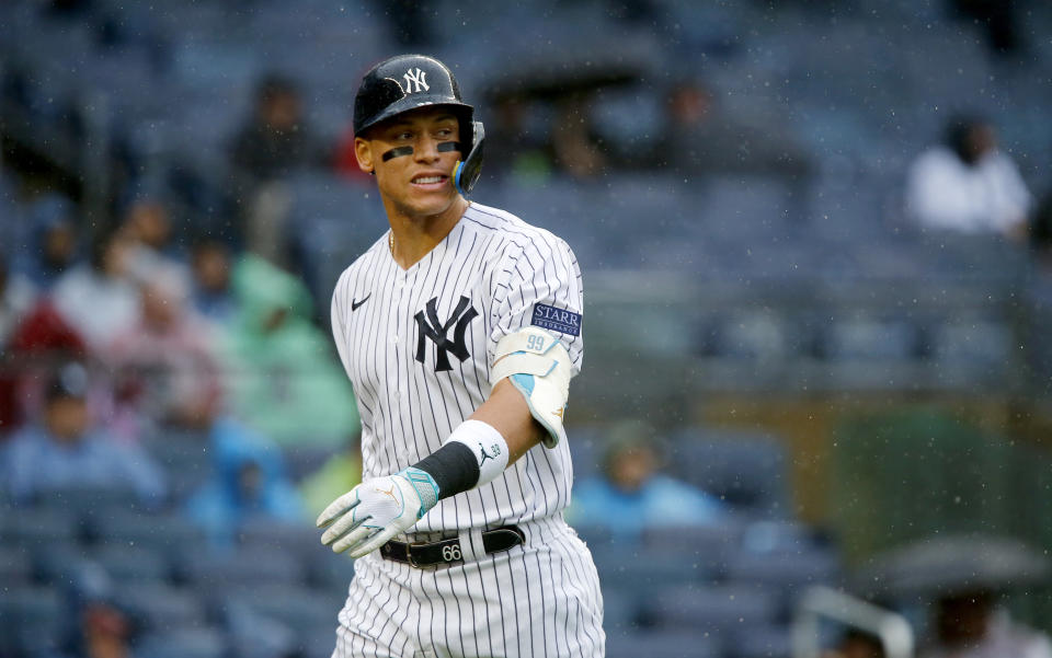 New York Yankees designated hitter Aaron Judge walks back to the dugout after being called out on strikes to end the fifth inning during a baseball game against the Arizona Diamondbacks, Sunday, Sept. 24, 2023, in New York. (AP Photo/John Munson)