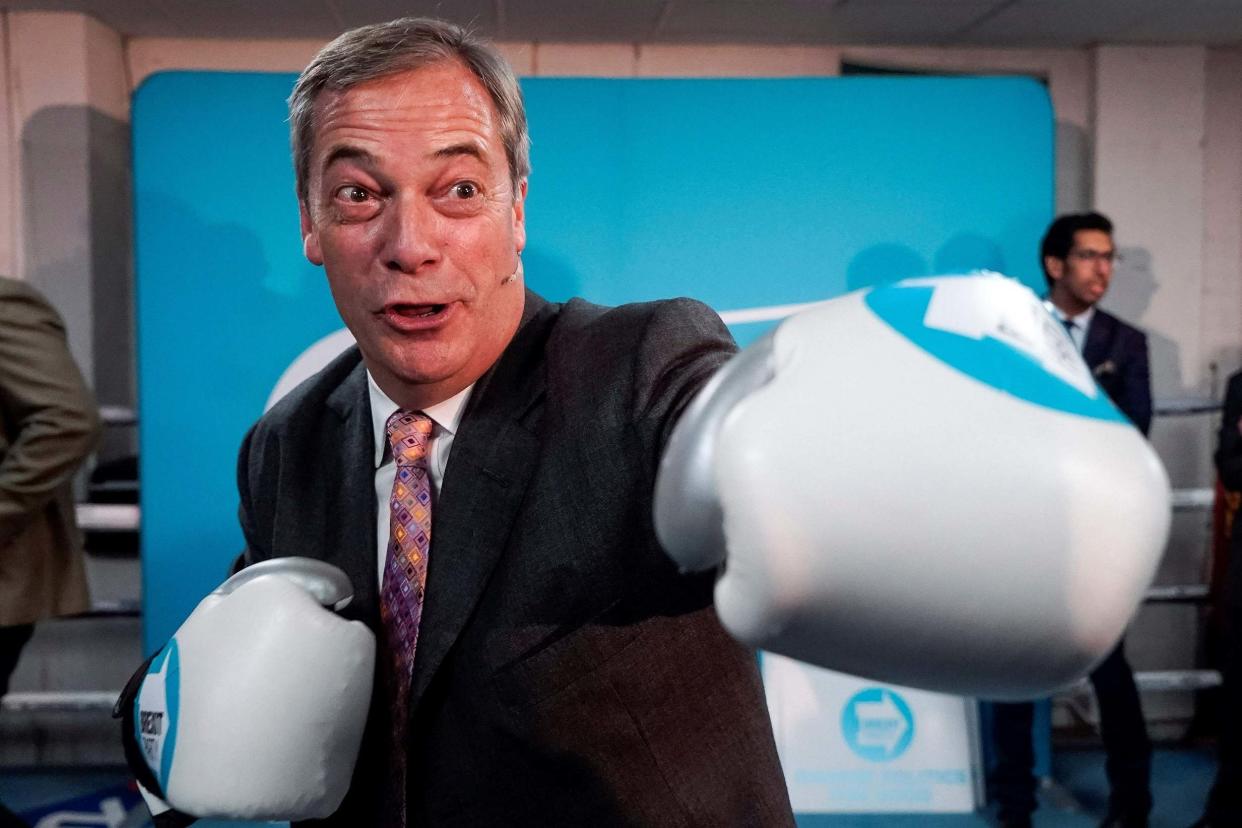 Brexit Party leader Nigel Farage during a visit to Gator ABC Boxing Club in Ilford on Thursday: AFP via Getty Images