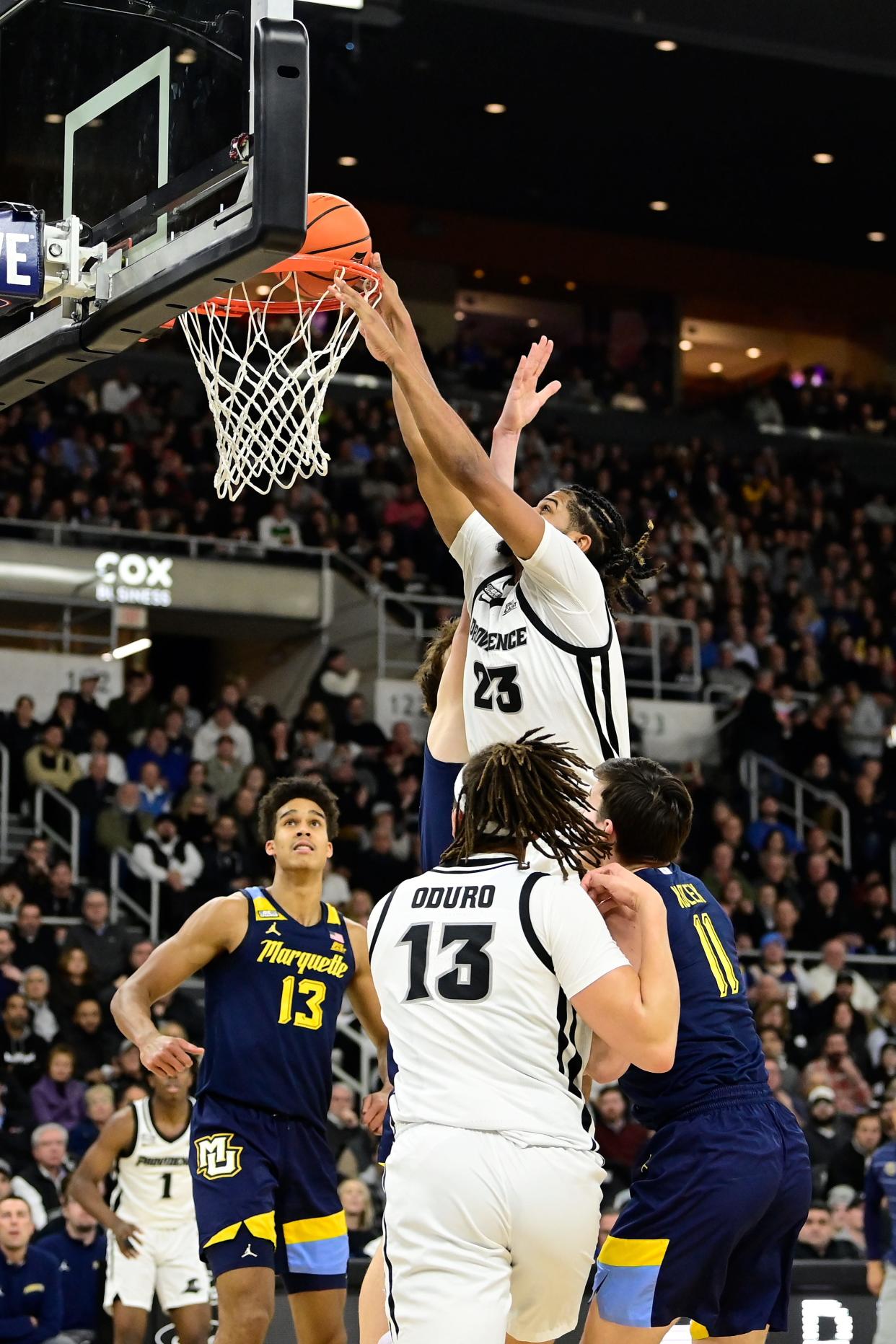 Dec 19, 2023; Providence, Rhode Island, USA; Providence Friars forward Bryce Hopkins (23) shoots during the first half against the Marquette Golden Eagles at Amica Mutual Pavilion. Mandatory Credit: Eric Canha-USA TODAY Sports