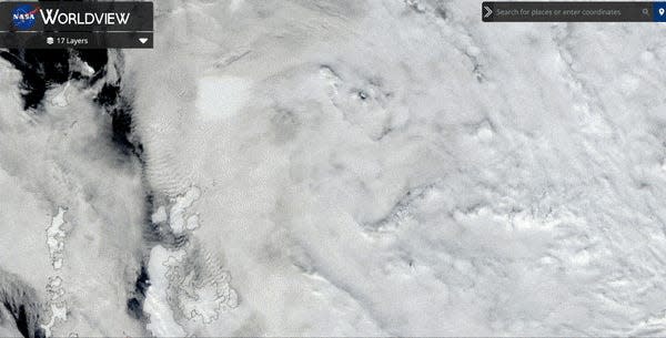 A gif shows satellite images of A23a drifting through the Weddell sea