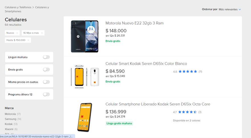 Mercado Libre permite buscar celulares