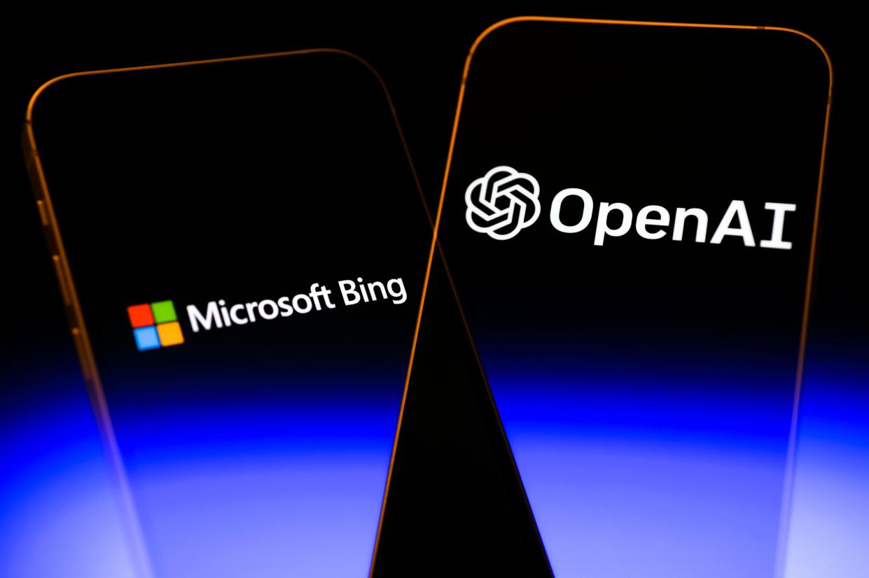 Microsoft's Bing logo next to ChatGPT maker OpenAI's logo.