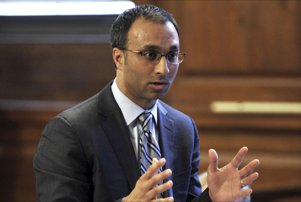FILE - In this March 28, 2012, file photo, Amit Mehta, then the attorney for Dominique Strauss-Kahn speaks in Bronx state Supreme Court in New York. The Justice Department’s antitrust lawsuit against Google has a judge: Mehta, an Obama appointee who was assigned the case Wednesday, Oct. 21, 2020 in federal court in Washington. (Stan Honda/Pool Photo via AP, File)