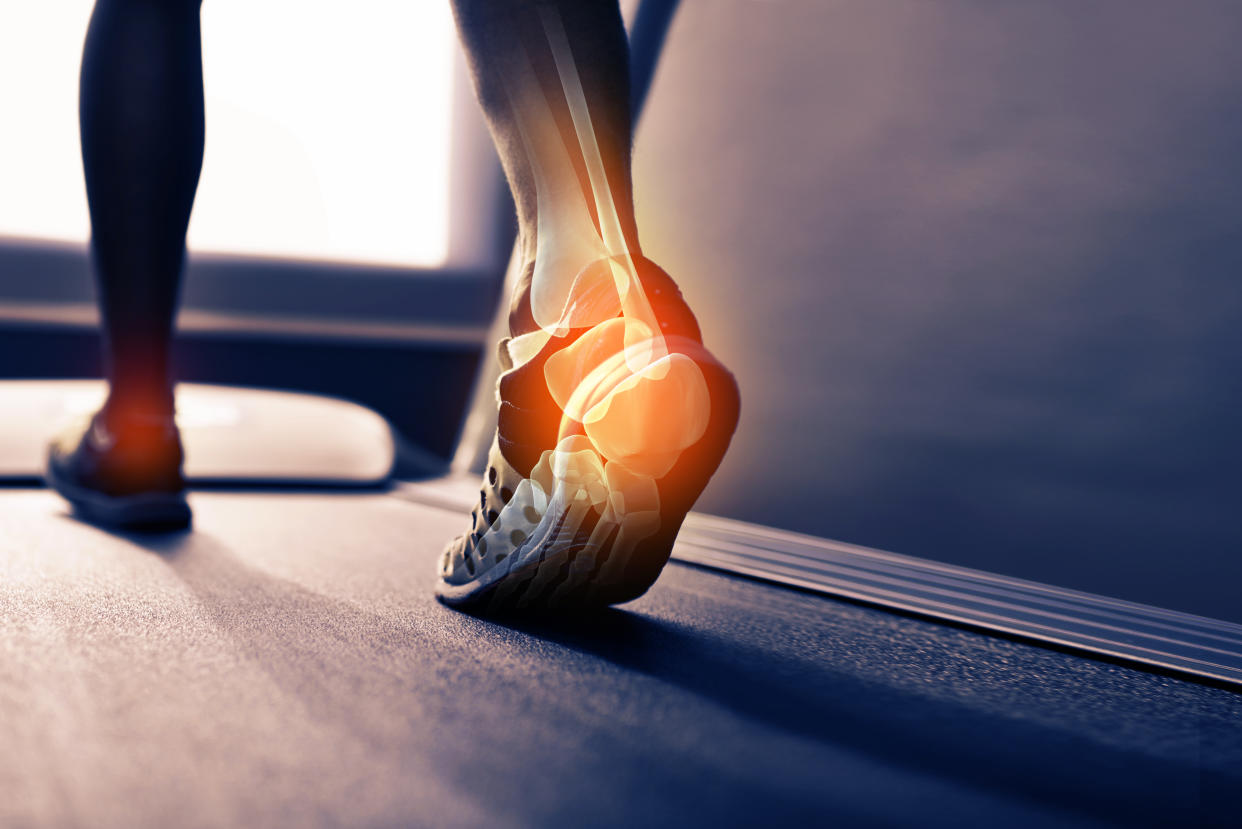 Rear view shot of the highlighted joints in a runner’s foot. Photo: Getty Images