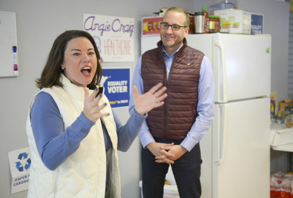 Angie Craig, candidate for the Second Congressional District, and Human Rights Campaign President Chad Griffin at a Human Rights Campaign kickoff for Craig on Oct. 28, 2018, in Burnsville, Minn. (Photo: Craig Lassig/AP Images for Human Rights Campaign)