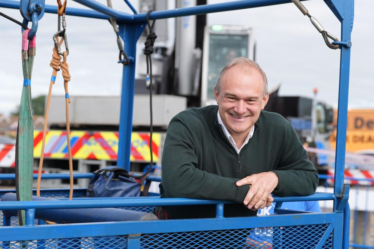 Liberal Democrat leader Sir Ed Davey before taking part in a bungee jump during a visit to Eastbourne Borough Football Club in East Sussex, while on the General Election campaign trail. Picture date: Monday July 1, 2024.