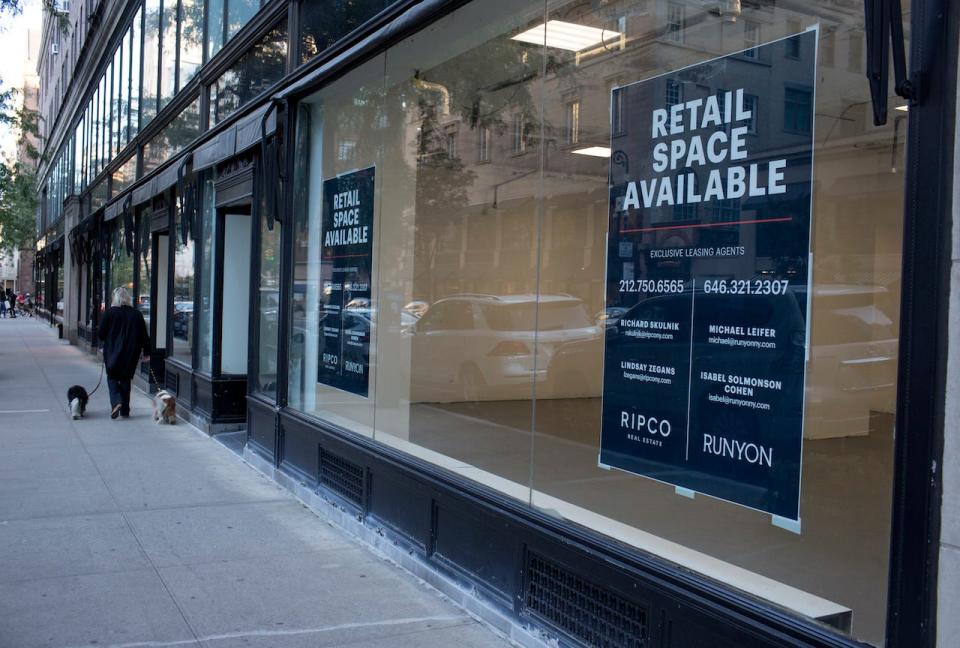 Dozens of high end luxury stores remain shuttered and emptied after six months of the COVID-19 pandemic, a severe economic downturn, and a midtown Manhattan emptied of office workers, as seen on September 20, 2020 along Madison Avenue in New York City's Upper East Side.