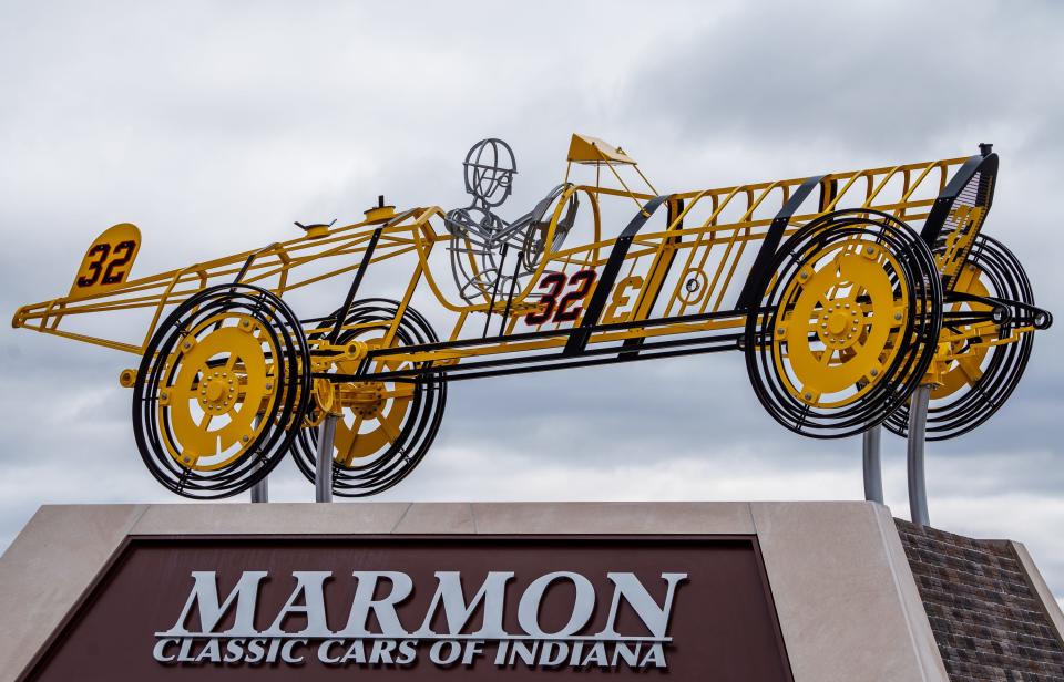 A sculpture of a Marmon Wasp, the winning car of the first running of the Indianapolis 500, on Friday, Feb. 17, 2023, in Carmel, Indiana. The car was named after its color and tail shape. The sculpture, created by artist Arlon Bayliss, of Anderson, sits at the roundabout at 96th Street and Priority Way.