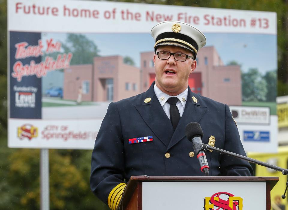 Springfield Fire Chief David Pennington speaks during a ground breaking ceremony for Fire Station 13 which will be located on W. College Street.