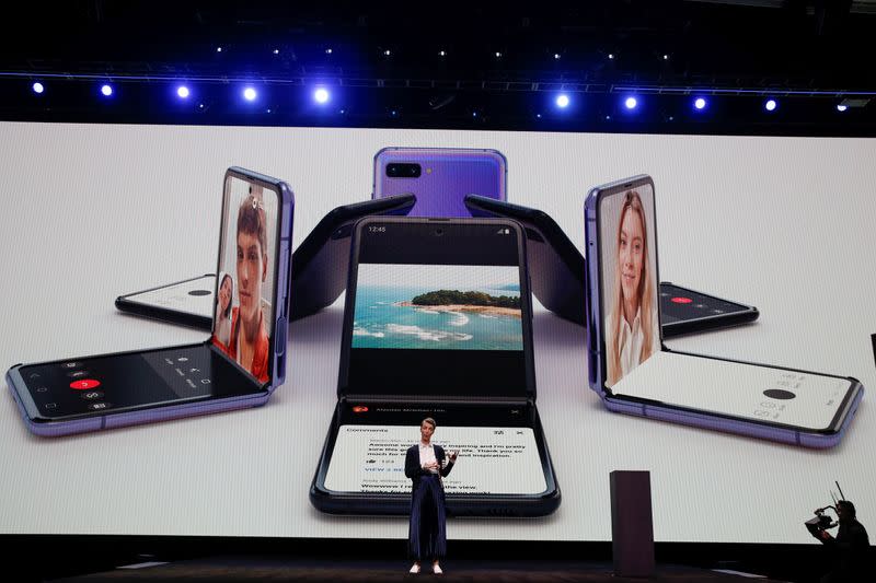 Rebecca Hirst of Samsung Electronics unveils the Z Flip foldable smartphone during Samsung Galaxy Unpacked 2020 in San Francisco