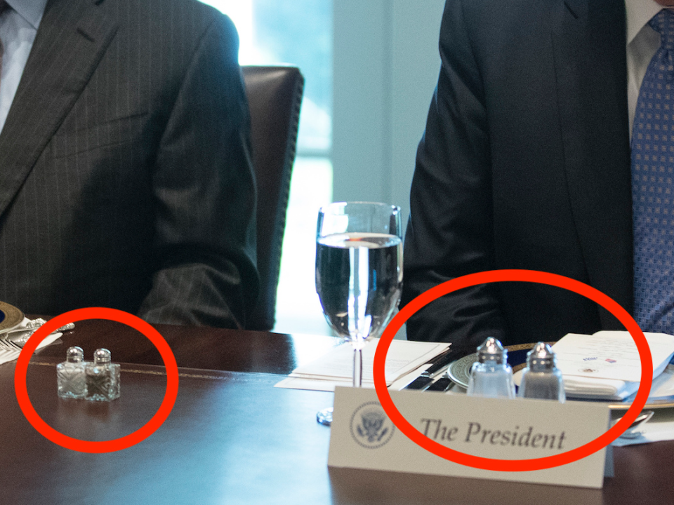 President Donald Trump and Secretary of State Rex Tillerson attend working lunch. Note the salt and pepper discrepancy.