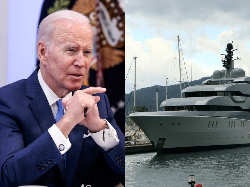 Joe Biden (left) and the superyacht "Tango" seized by the US.