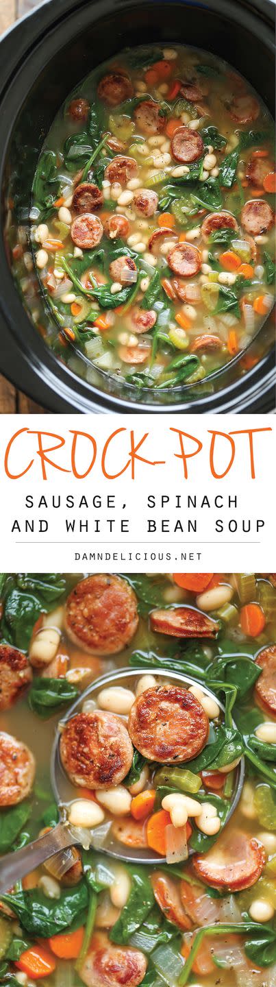 Slow Cooker Sausage, Spinach, and White Bean Soup