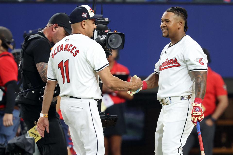 Jose Ramirez of the Cleveland Guardians reacts during the Home Run Derby, July 15, 2024, in Arlington, Texas.