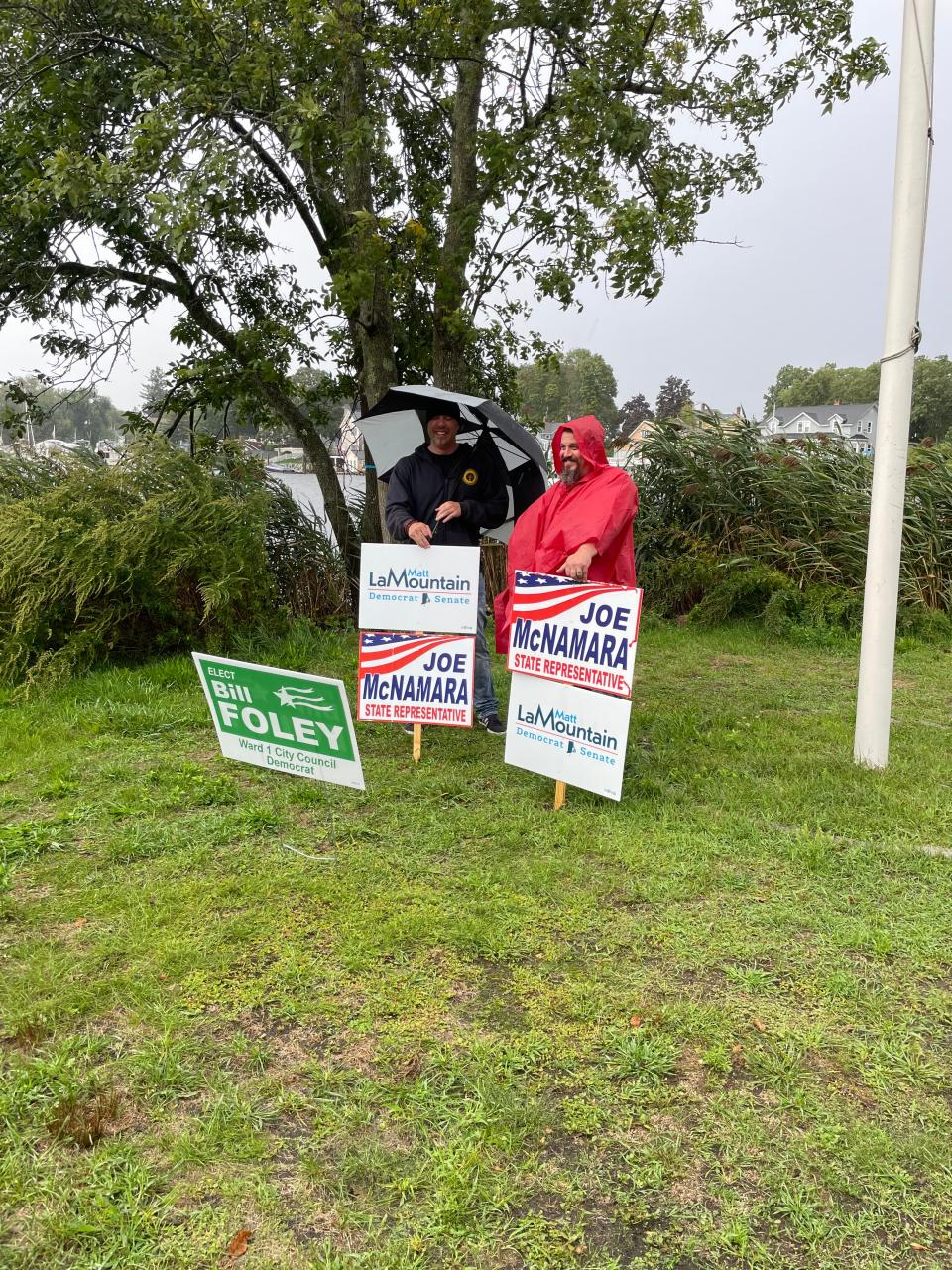 Dave Fontaine and Lou Ullucci, of the International Brotherhood of Electrical Workers Local 2323, manned the polls Tuesday in support of union-backed Democratic candidates, Matthew LaMountain for state Senate District 31, and Joseph M. McNamara, for House District 19.